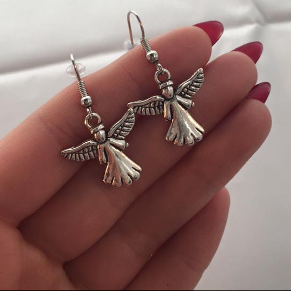 Silver Angel Dangle Earrings Hypoallergenic Hooks